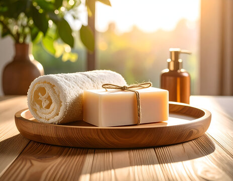 A wooden tray sits on a wooden surface containing a rolled white towel, a bar of soap tied with twine, and a lotion bottle, all bathed in soft sunlight.
