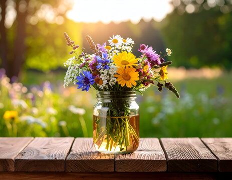 A rustic glass mason jar filled with a colorful wildflower bouquet sits on a wooden table.