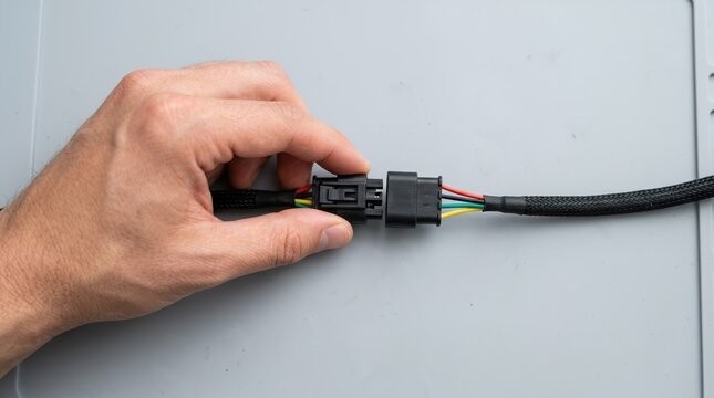 Person connecting electrical wire harnesses with black plastic connectors on a grey background