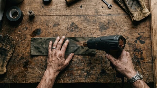 Craftsman using a heat gun on canvas fabric at a wooden workbench with tools in a workshop