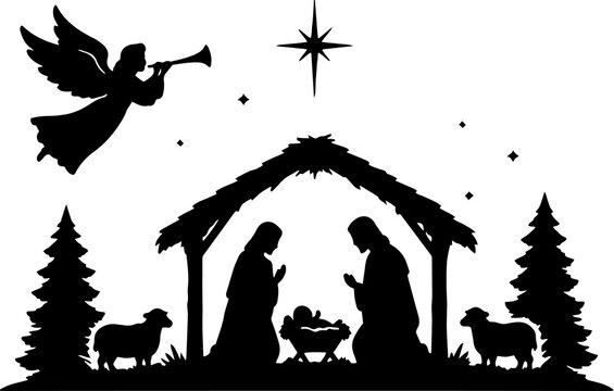 Christmas Nativity Scene with Trumpet Angel Silhouette