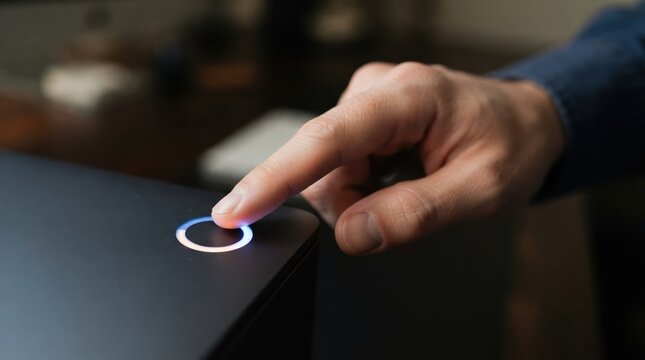 Close up of an adult male hand pressing a glowing power button on a modern electronic device