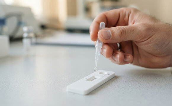 Close-up of adult male hands performing rapid antigen test for virus infection diagnostics