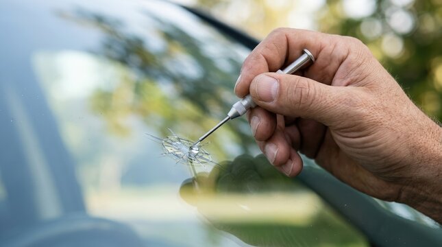 Windshield repair expert fixing a cracked car glass with a specialized tool and resin for automotive maintenance