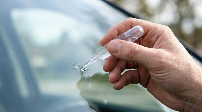 Man repairing a chipped car windshield with resin repair kit