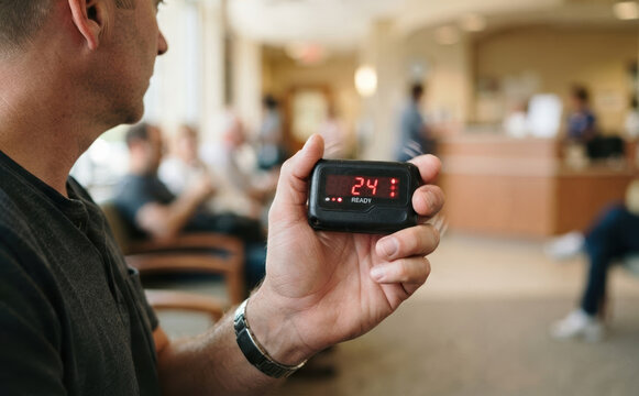 Man holding a waiting pager buzzer device in a hospital or clinic waiting room lobby for healthcare appointment
