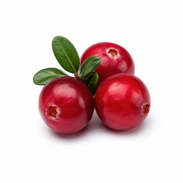 Three ripe cranberries with green leaves on a white background