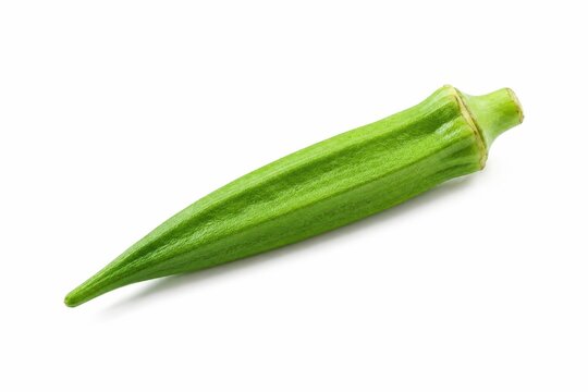 Single ripe okra pod on white background