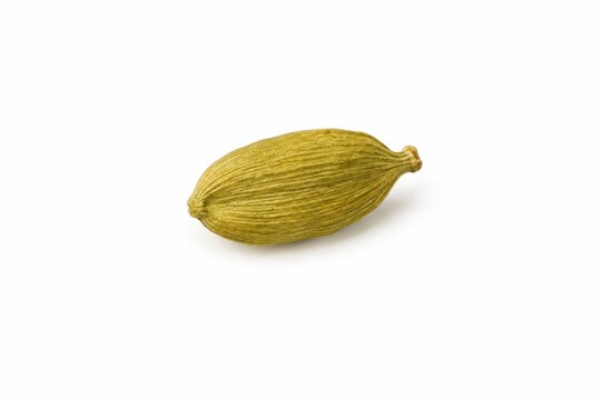 Single cardamom pod on a white background