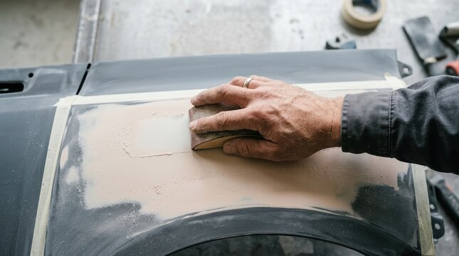 Skilled mechanic hand sanding car body filler with sandpaper for smooth auto repair