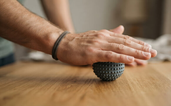 Man rolling a spiky massage ball with his hand on a wooden table for physical therapy and hand exercise