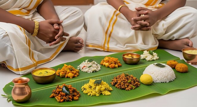 Traditional Onam Sadhya feast served on banana leaf with people