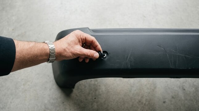 Mechanic installing parking sensor into car bumper, automotive repair and maintenance concept