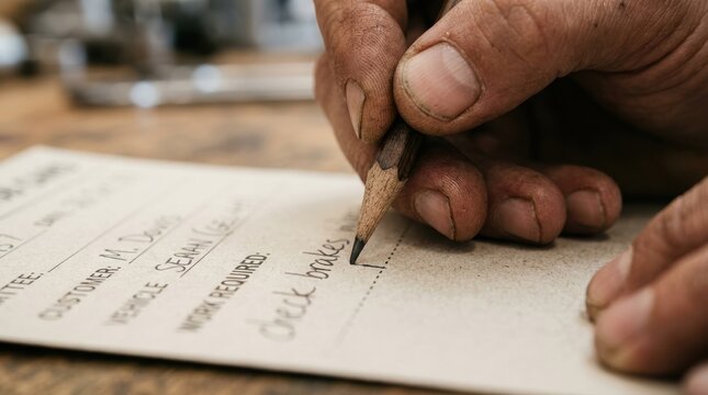 Mechanic writing a work order with pencil on a repair ticket form representing automotive service and maintenance