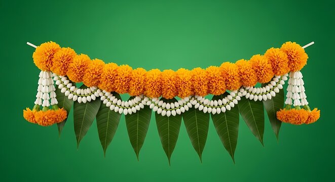 Traditional Onam flower garland with marigolds and mango leaves