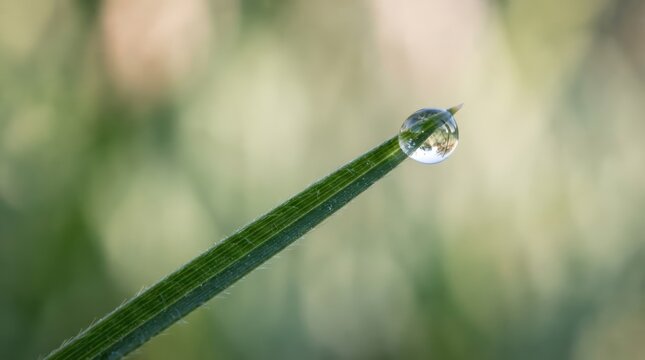 Macro shot of a single dew drop balanced on the tip of a green grass blade in a fresh morning meadow