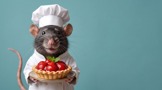 Cute rat chef holding a strawberry tart on a blue background