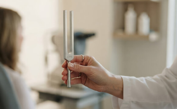 Doctor holding a tuning fork during a hearing test examination in a modern medical clinic