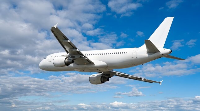 White commercial airplane flying through a blue sky with clouds