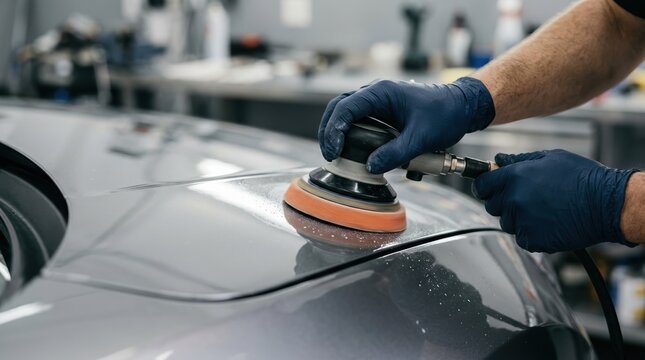 Professional mechanic in blue gloves using a rotary car polisher to detail and buff the glossy gray paint of a vehicle in an auto body shop