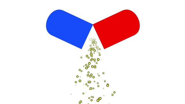 Blue and red medical pill capsule opening and releasing yellow glowing particles on white.