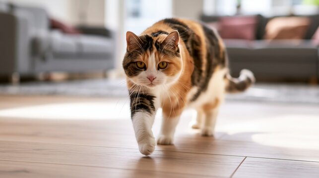 Calico cat walking across a bright room