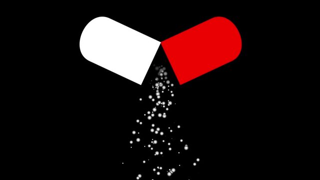 White and red medical pill capsule opening and releasing white glowing particles on black.
