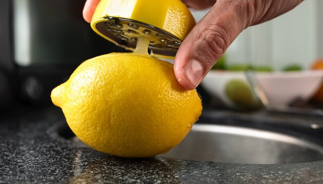close up of fresh yellow lemon being squeezed with a hand citrus juicer on a kitchen countertop showcasing healthy fresh juice extraction process for cooking and drink preparation