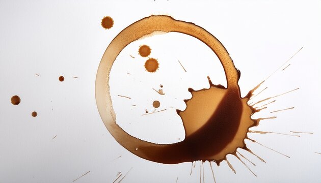 coffee ring stain on white surface with irregular shape dark brown and light brown colored ring and splatter for abstract design or stain pattern background