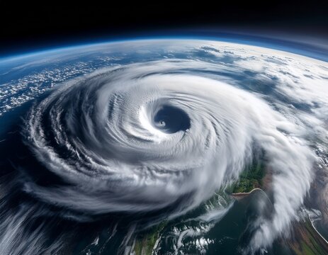 powerful hurricane swirling over land vast swirling storm clouds create a vortex over the earth s surface visible from space the destructive force of nature is evident