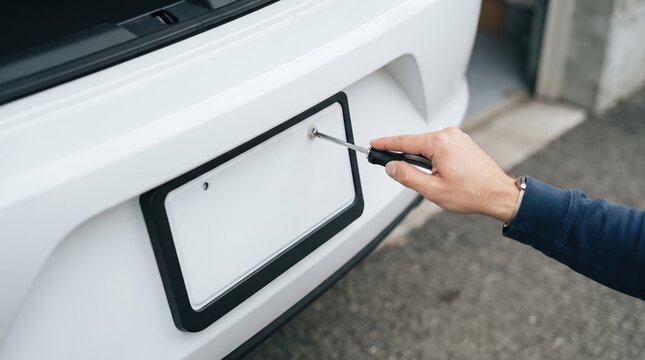 Man screwing license plate onto white car using screwdriver, automotive repair and maintenance concept