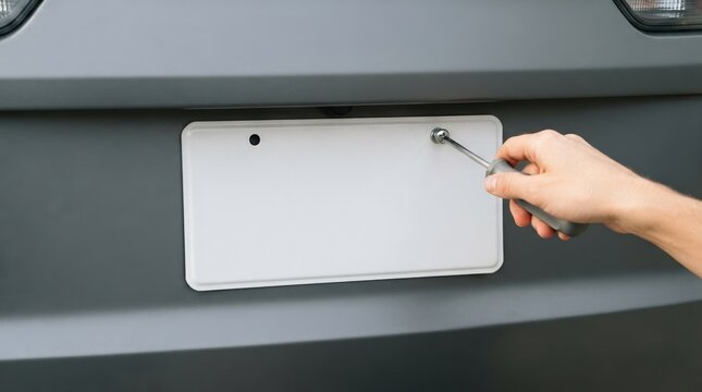 Person installing license plate on a car using a screwdriver, automotive maintenance and vehicle registration concept