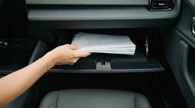 Woman putting documents in a car glove compartment for organization and safe storage