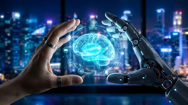 Human and robot hand with digital brain