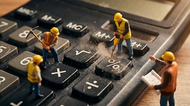 Miniature construction workers repairing calculator buttons