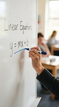 Teacher writing linear equations formula on white board in a bright classroom for education and learning