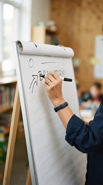 Female teacher writing brainstorm on flipchart in classroom during lesson