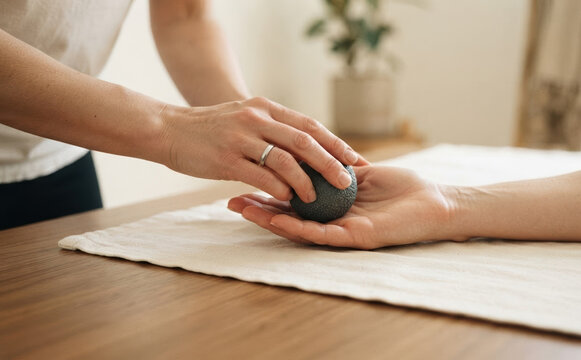 Holistic hand massage therapy session with a round basalt stone for wellness and relaxation