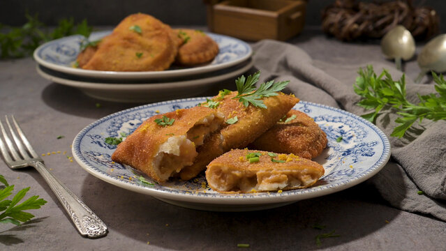Homemade savory riss&oacute;is filled with meat or seafood served on a decorated plate