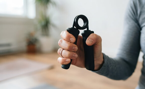 Adult woman holding a black hand gripper for strength training and forearm exercise at home
