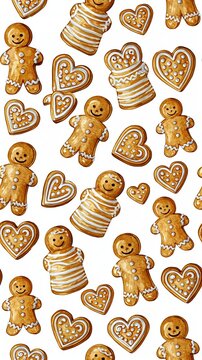 Vintage Christmas gingerbread pattern. Seamless holiday background with cookies and hearts.