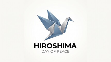 Naklejka premium Hiroshima Day of Peace origami crane logo, 3D metallic paper bird illustration with blue and silver gradients on white background, commemorative graphic for August 6th anniversary.