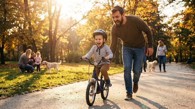 Father teaches son to ride bicycle in autumn park with family and dogs