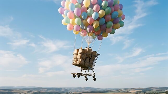 Shopping cart filled with boxes lifted by colorful balloons