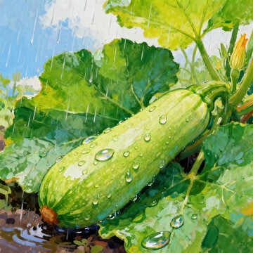 Vibrant Painting Fresh Zucchini Hanging On Vine In Summer Rain