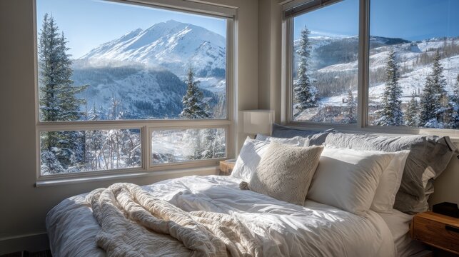 bedroom with white messy bedding and big window with view to beautiful. Summer, travel, vacation, holiday, mindfulness, relax, recreation, hotel, sleep