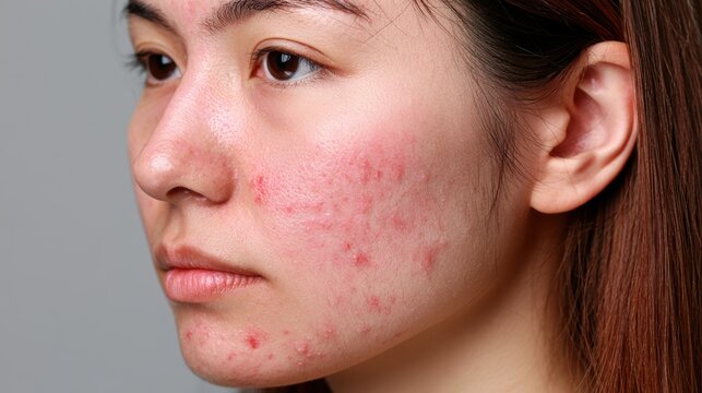 acne on woman face with rash skin, scar, and red skin syndrome allergic to cosmetics, use steroids, dermatology, inflammation, infection, hygiene
