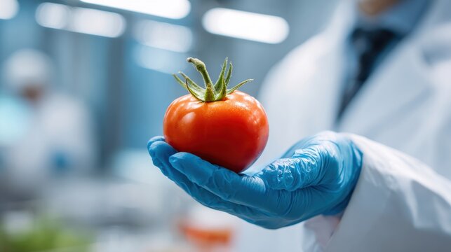 close up hand scientist hold tomato in technology laboratory. GMO and laboratory studies, vegetable, laboratory, biology, science, agriculture, chemical, research, modification