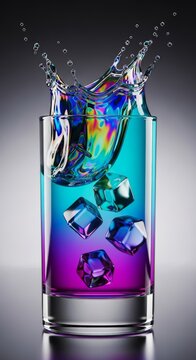 A futuristic glass filled with neon purple and cyan liquid features a dynamic splash of iridescent chrome and floating metallic ice cubes, white, synthwave, cyan