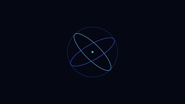 Minimalist rotating atom model animation with glowing orbital rings on dark 4k background, physics science
